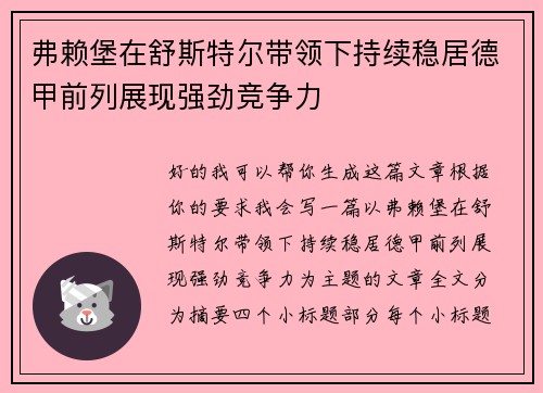 弗赖堡在舒斯特尔带领下持续稳居德甲前列展现强劲竞争力